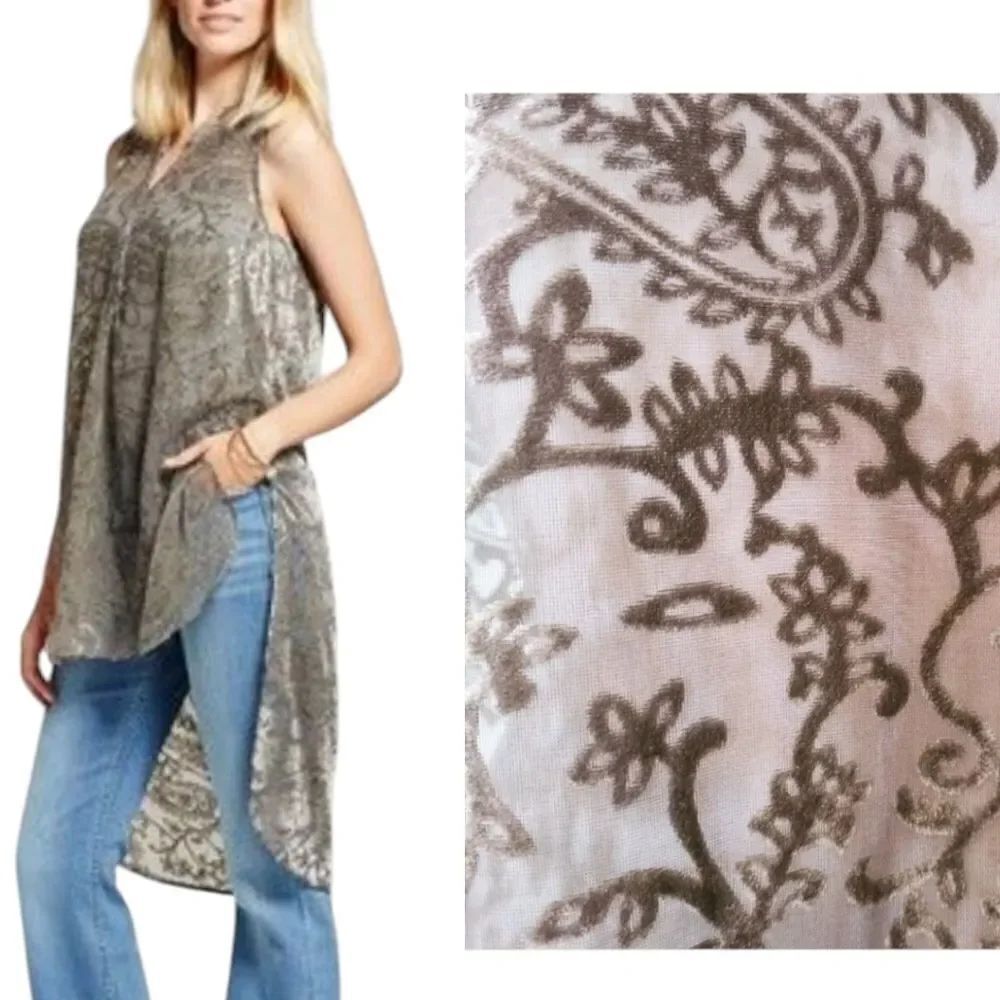 Gray Sleeveless High-Low Tunic Burnout Floral Dress Shirt Size L